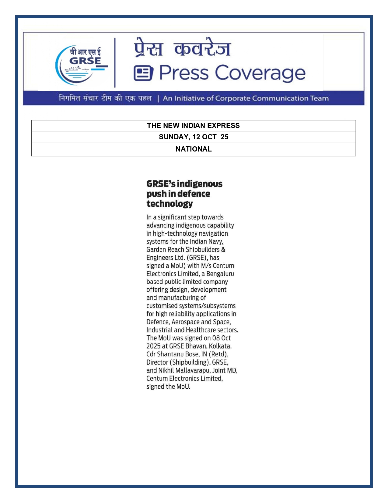 Press Coverage: 12 Oct 25:GRSEs indigenous push in defence technology